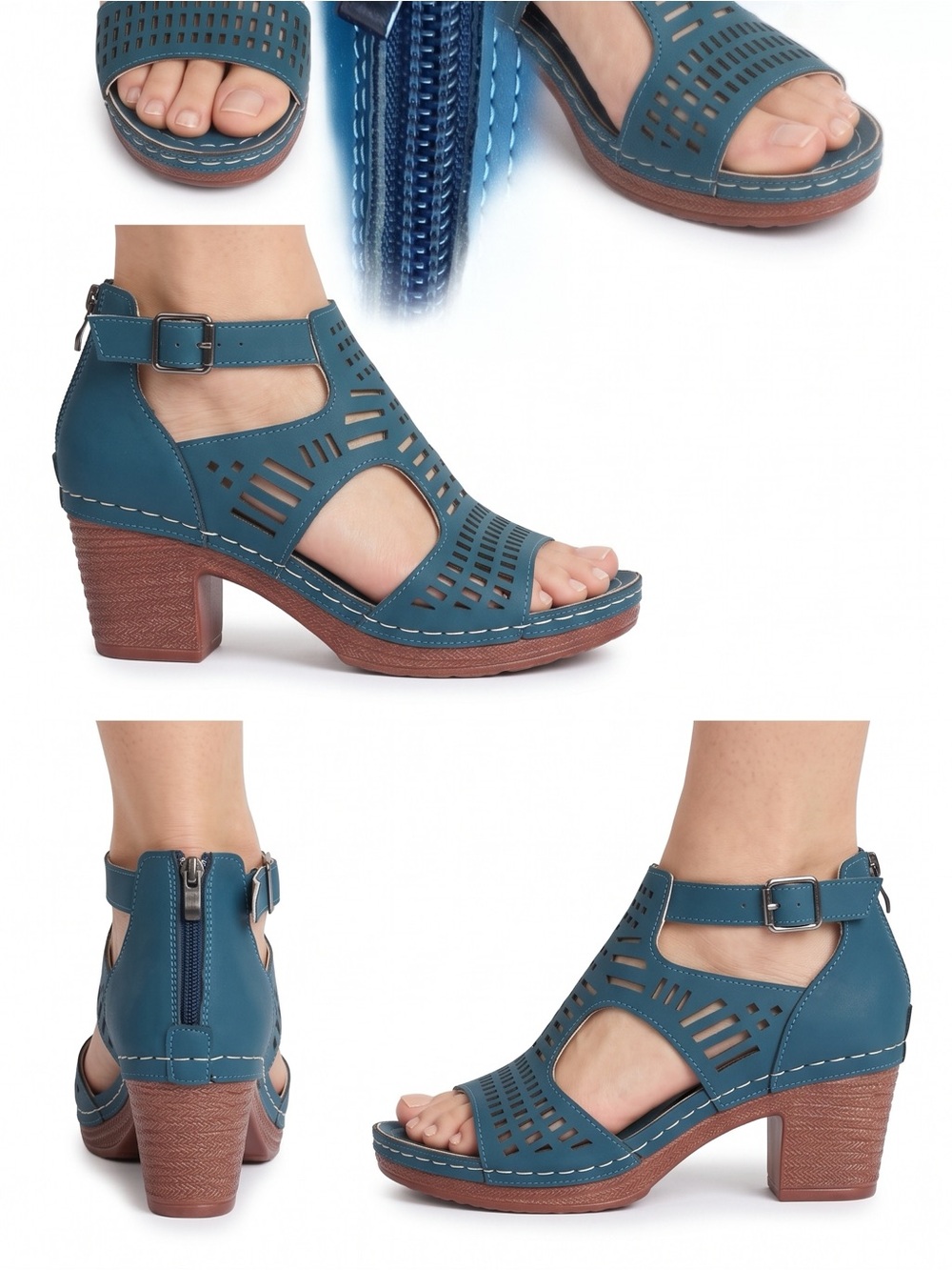 Navy Blue Cutout Block Heel Sandals – Size 40 (EU 40 / US 9) - Picture 2 of 11